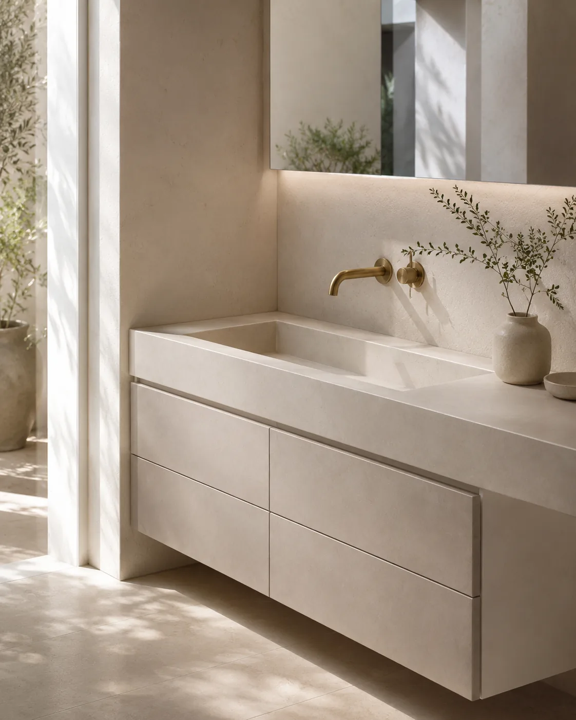 Bespoke porcelain sink with integrated vanity unit and handleless drawers by Artiling Studio