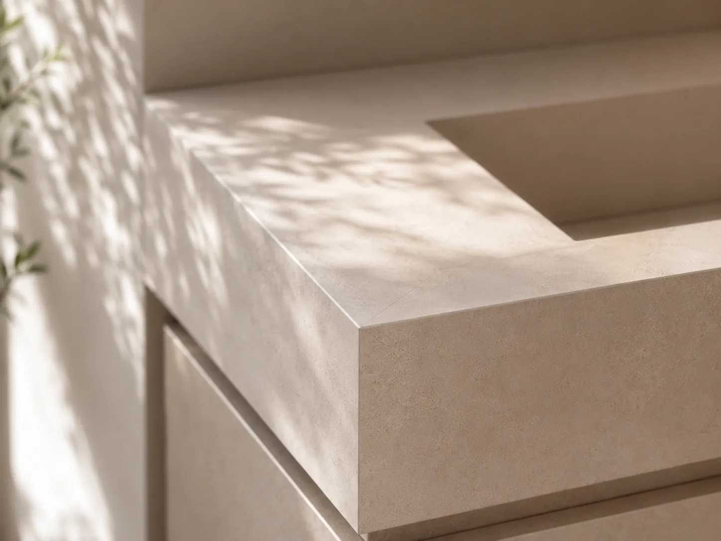 Close-up of a mitred porcelain edge on a bespoke Artiling Studio vanity