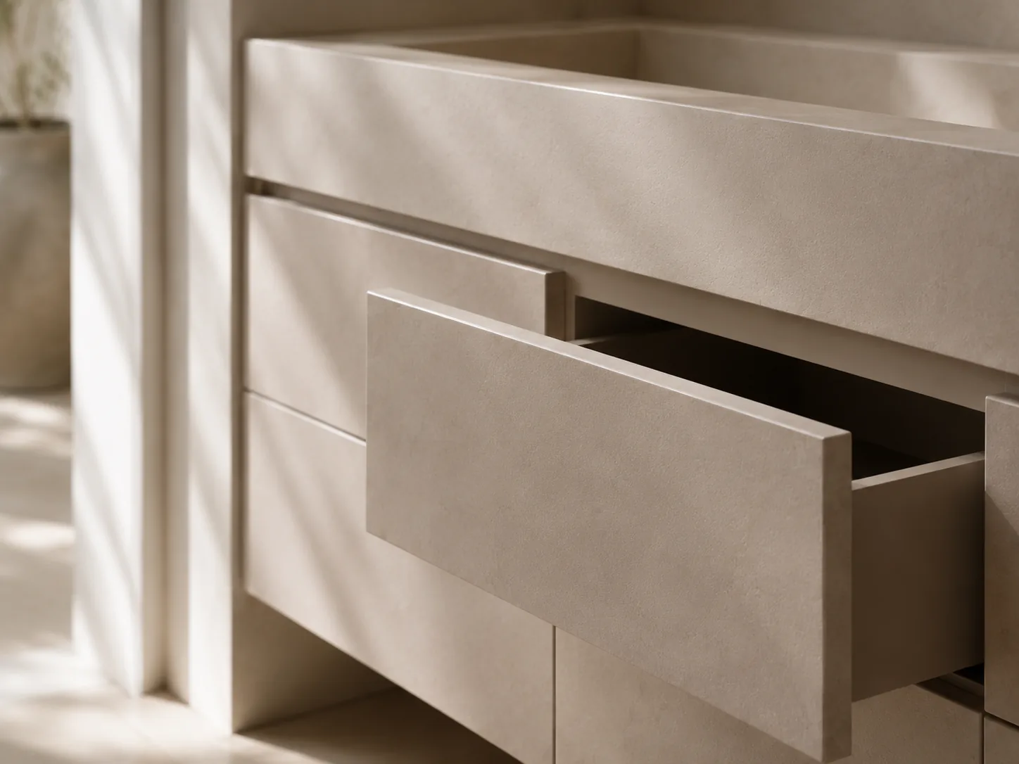 Vanity unit profile showing handleless drawers beneath a bespoke Artiling Studio porcelain sink