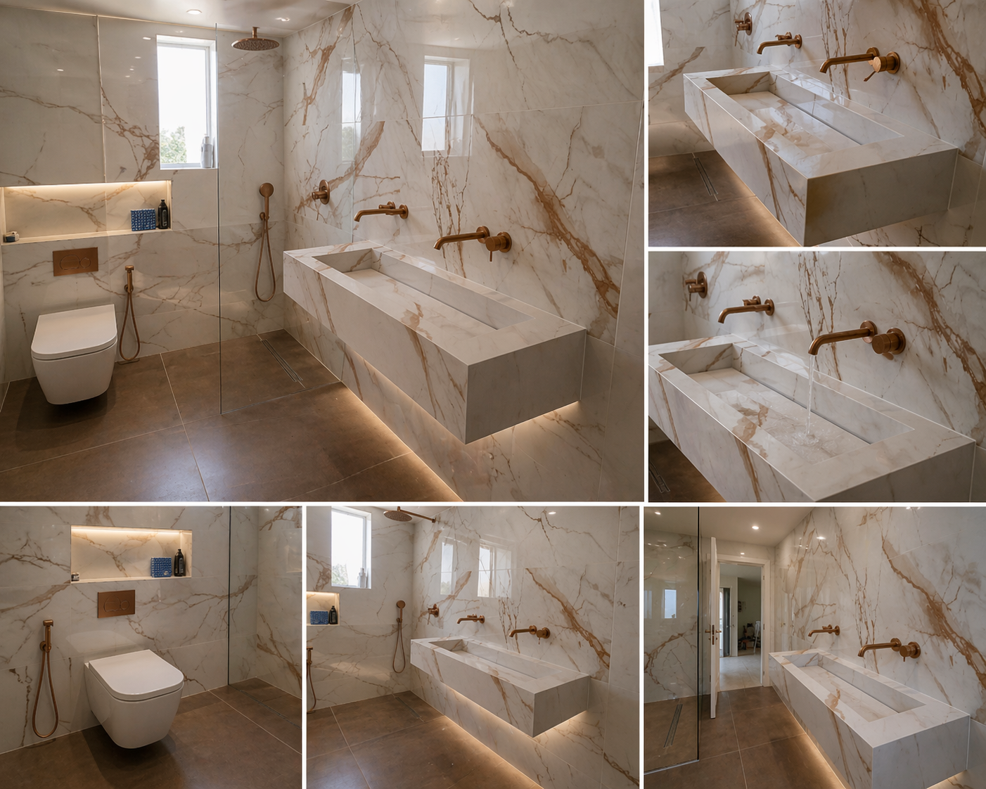 Calacatta Gold porcelain bathroom with integrated vanity details
