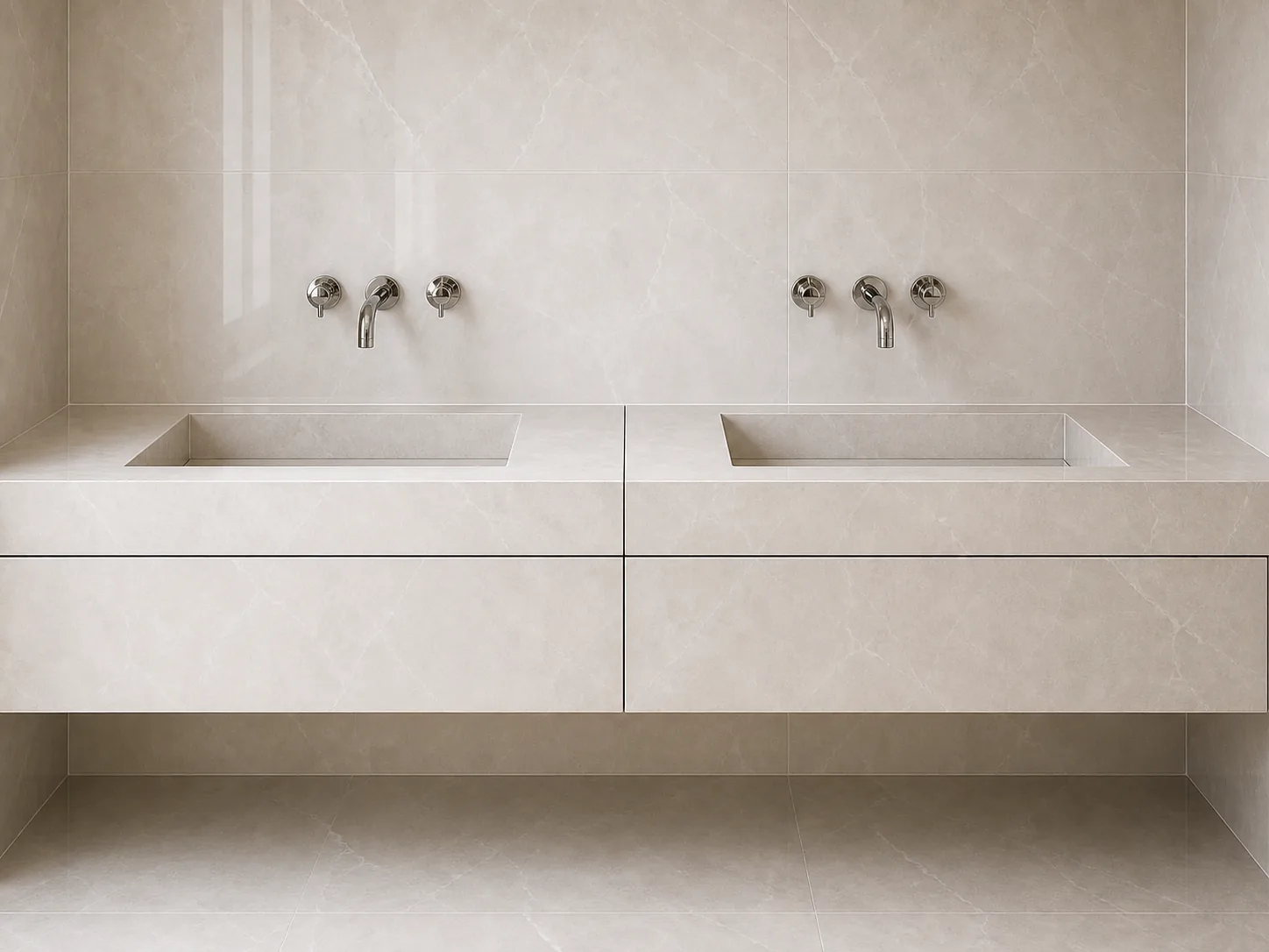 Wall-mounted double porcelain vanity top with integrated basins and matching splashback