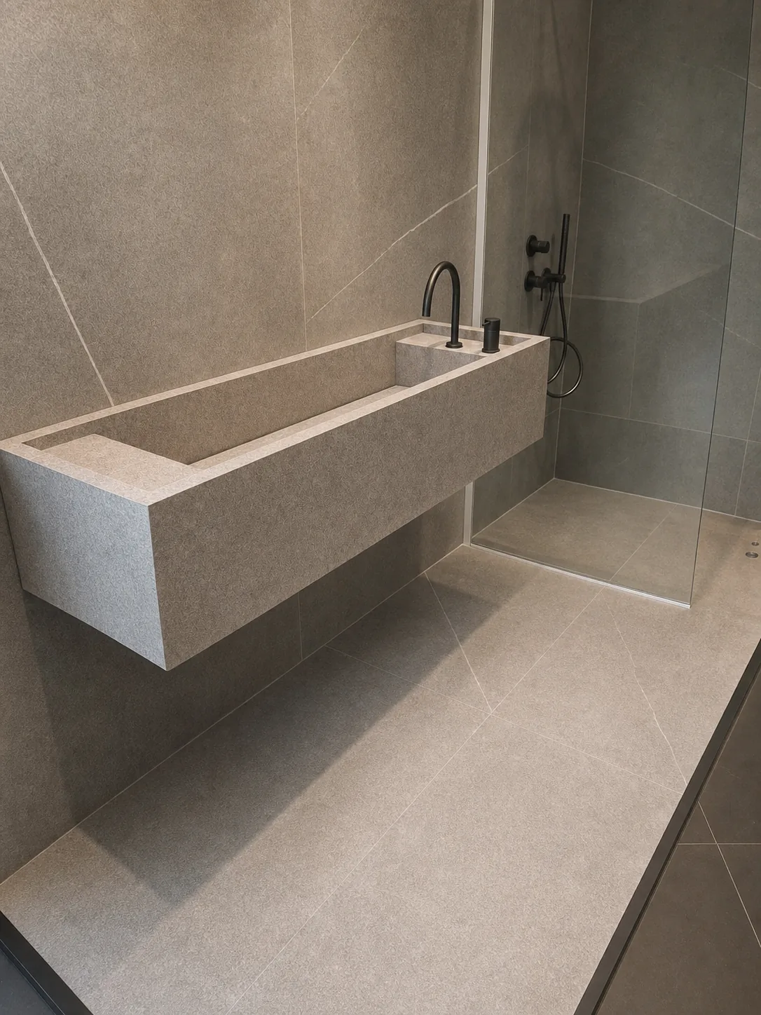 Floating bespoke porcelain trough sink by Artiling Studio