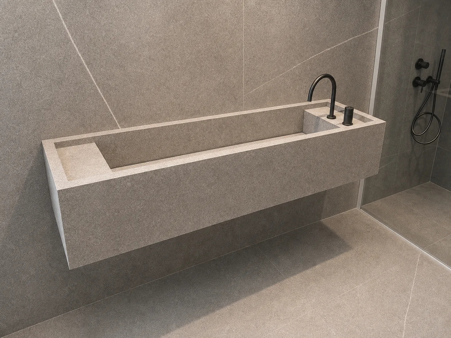 Close-up of a floating porcelain trough sink with mitred corner and linear basin channel