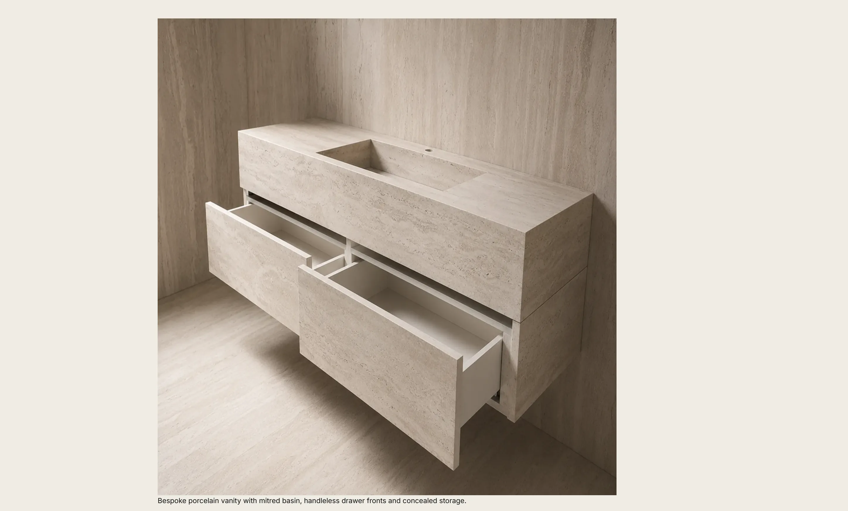 Custom porcelain bathroom surface with open vanity drawer