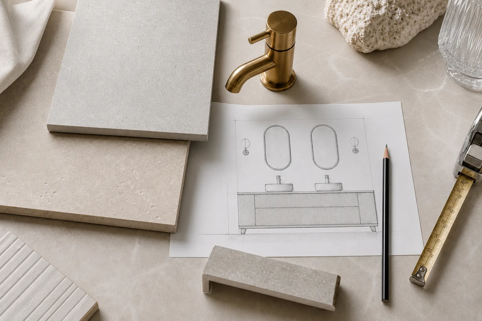 Porcelain samples, brassware and planning details for a bespoke sink project