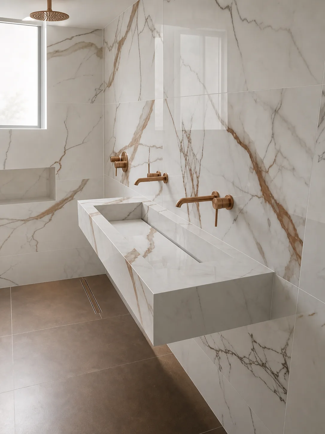 Integrated floating porcelain trough sink with wall-mounted brassware and matching surface returns