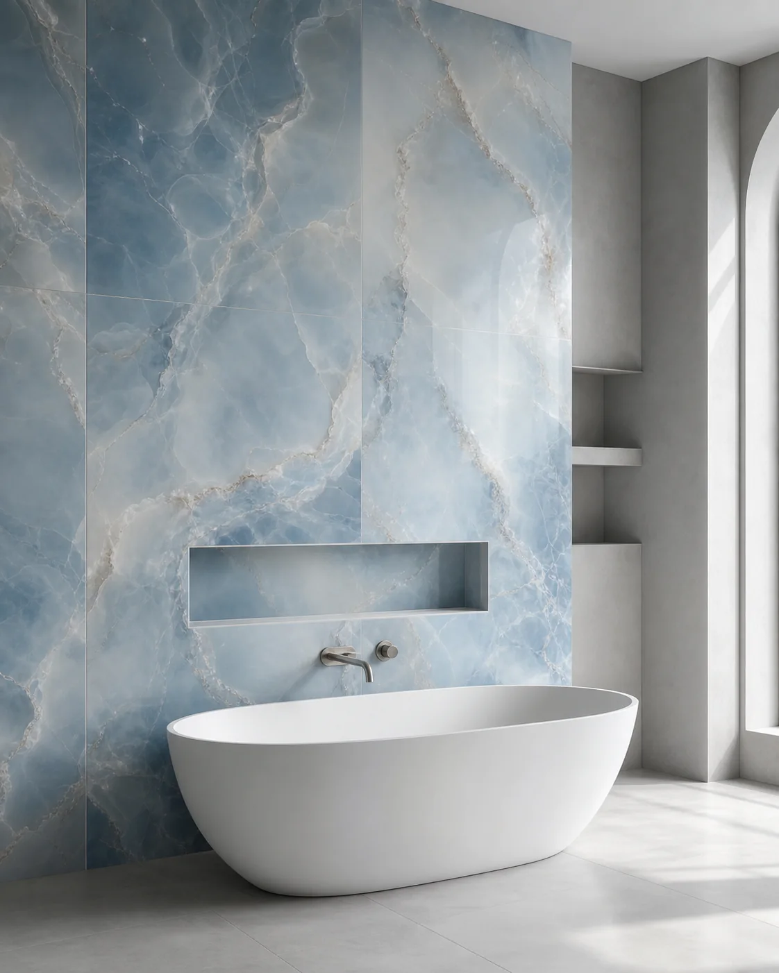 Blue onyx-effect large-format porcelain feature wall behind a freestanding bath