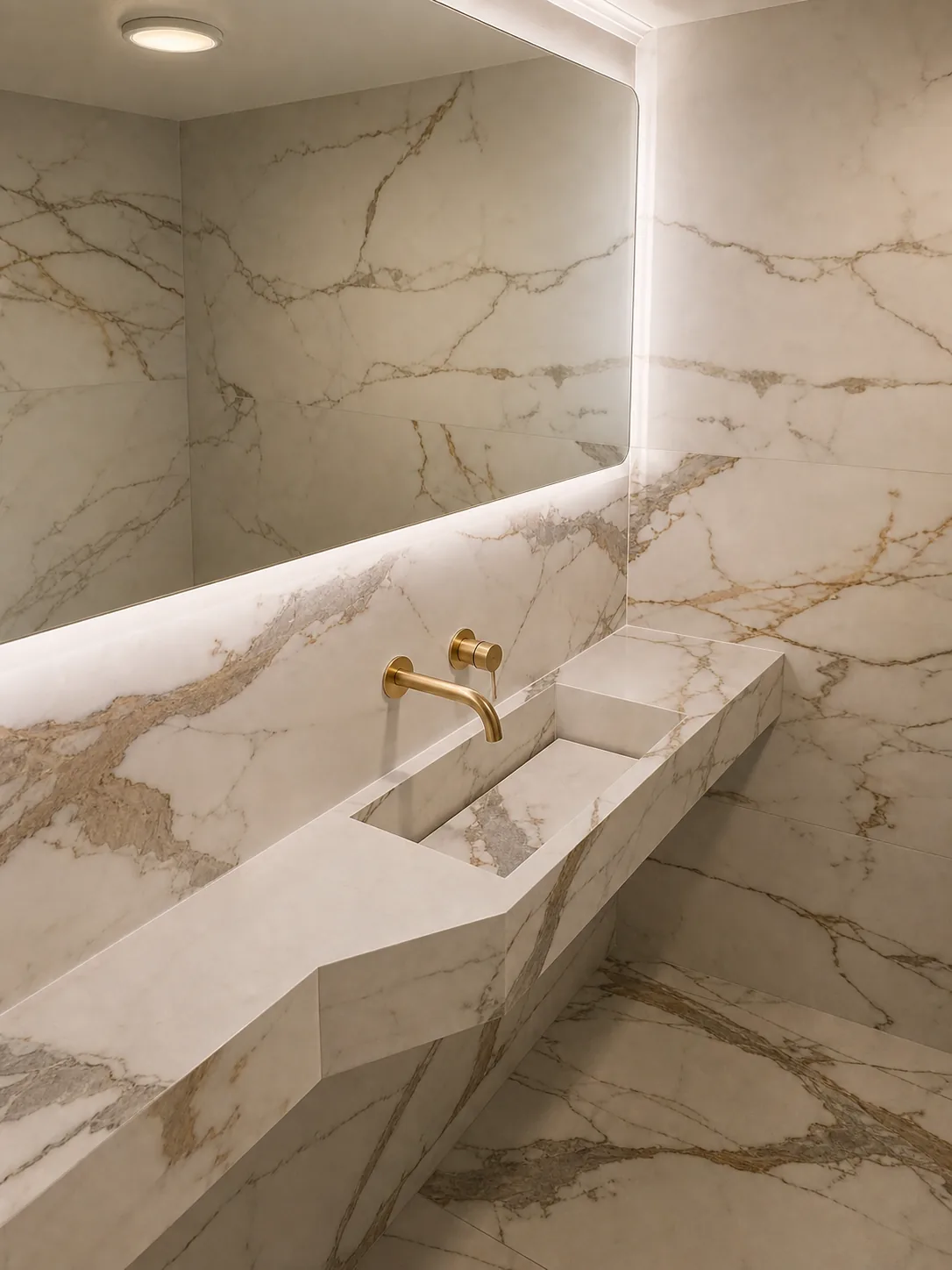 Large-format porcelain bathroom wall and vanity surface
