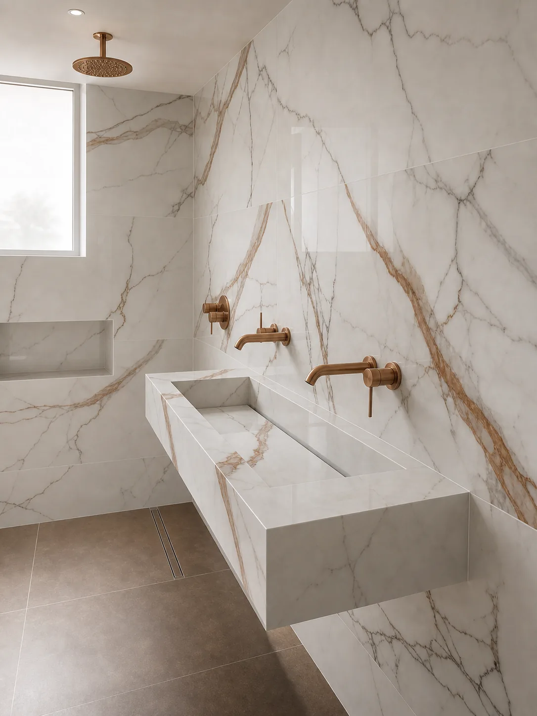 Large-format marble-effect porcelain bathroom wall with floating sink and brass taps