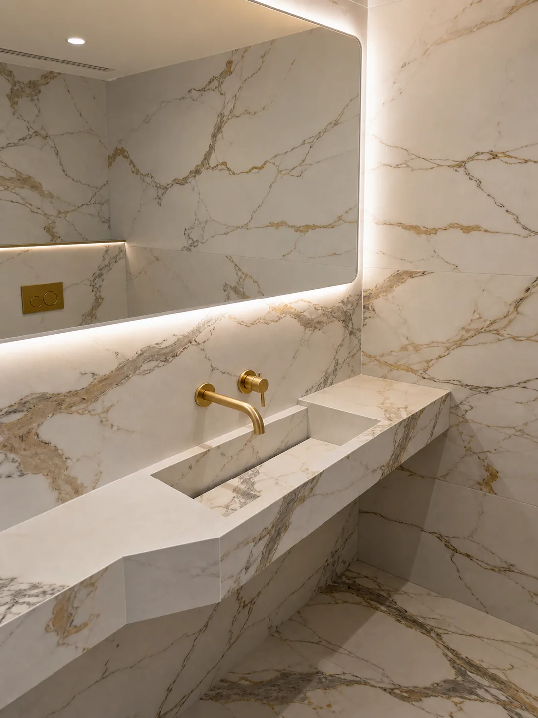 Large-format marble-effect porcelain vanity wall with matching fabricated sink