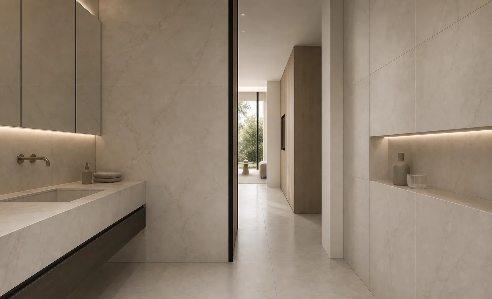 Large format porcelain wall and vanity surface installation by Artiling Studio
