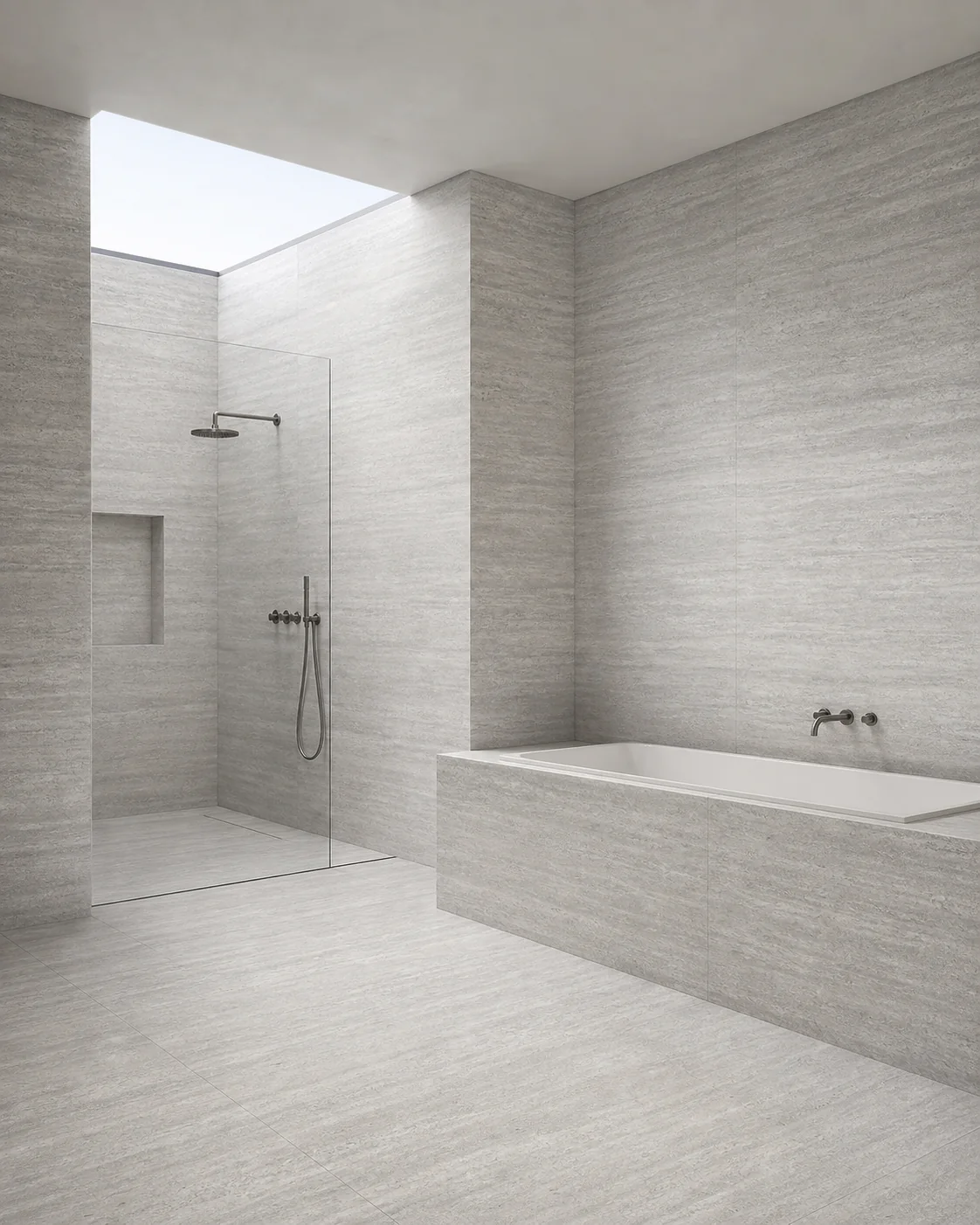 Silver-travertine large-format porcelain across bathroom walls and floors