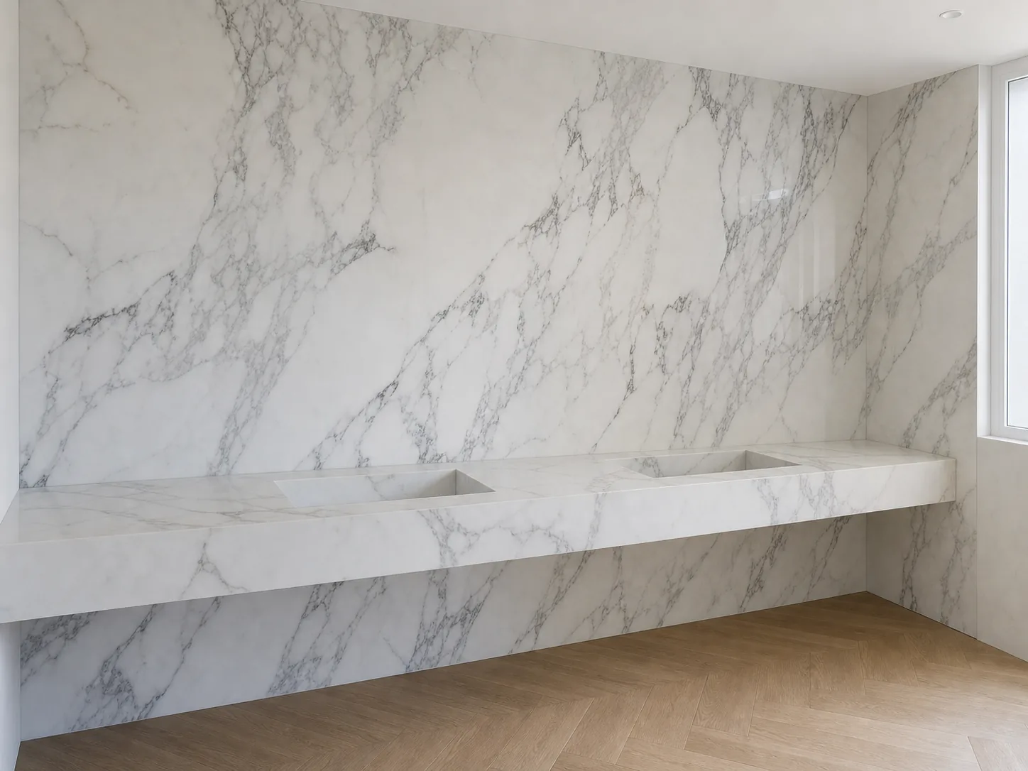 Large-format porcelain slab wall installation with continuous surface alignment