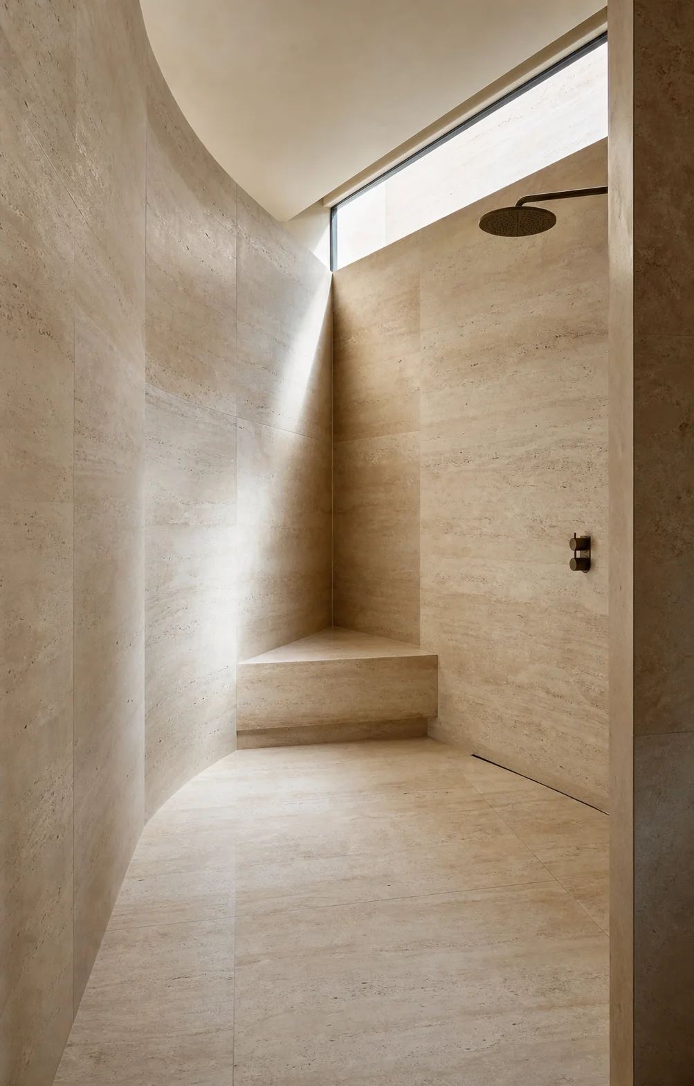 Curved travertine-effect large-format porcelain wet room with aligned wall and floor planes