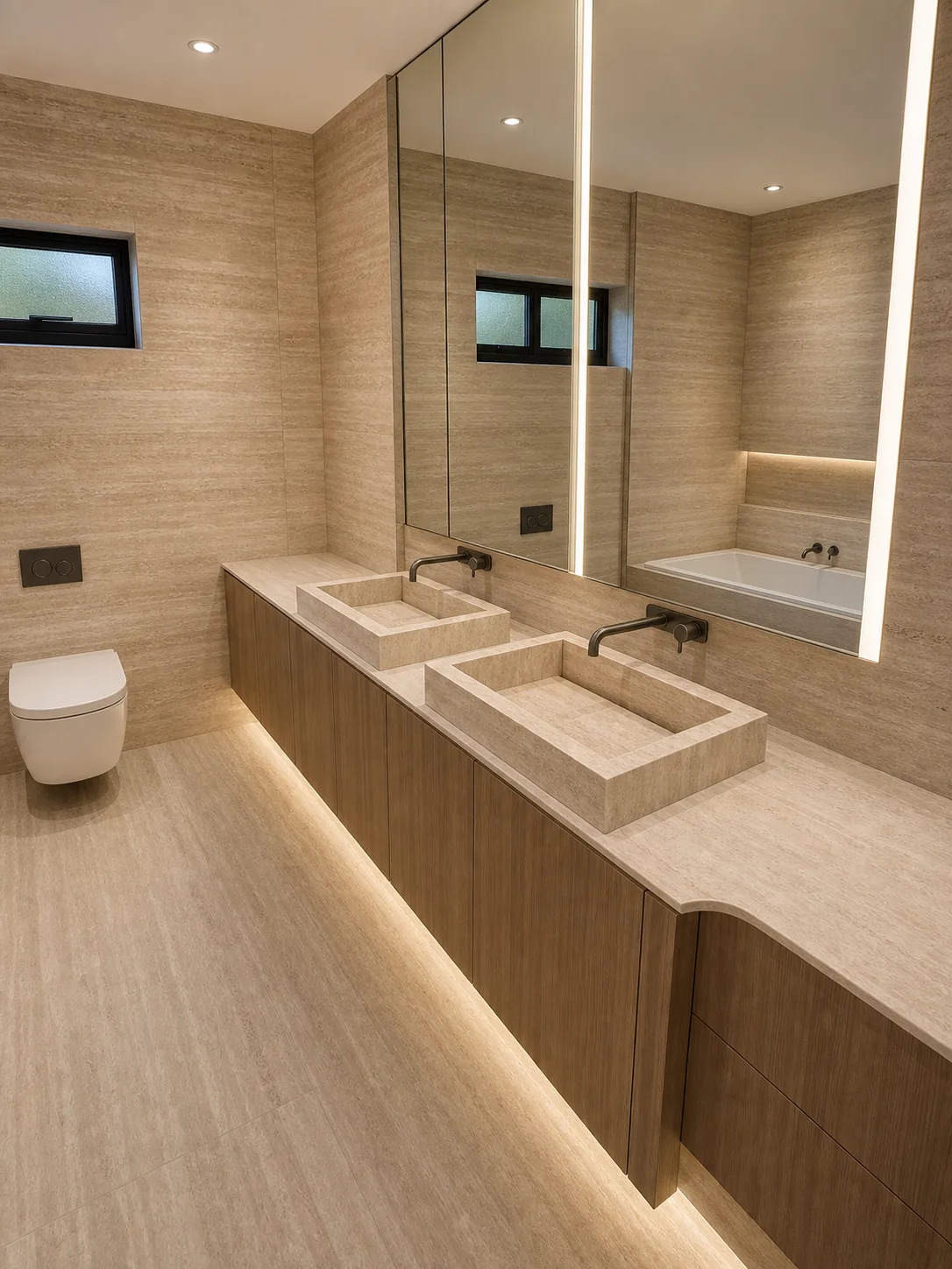 Large-format porcelain vanity area with mirrored wall and aligned surface detailing