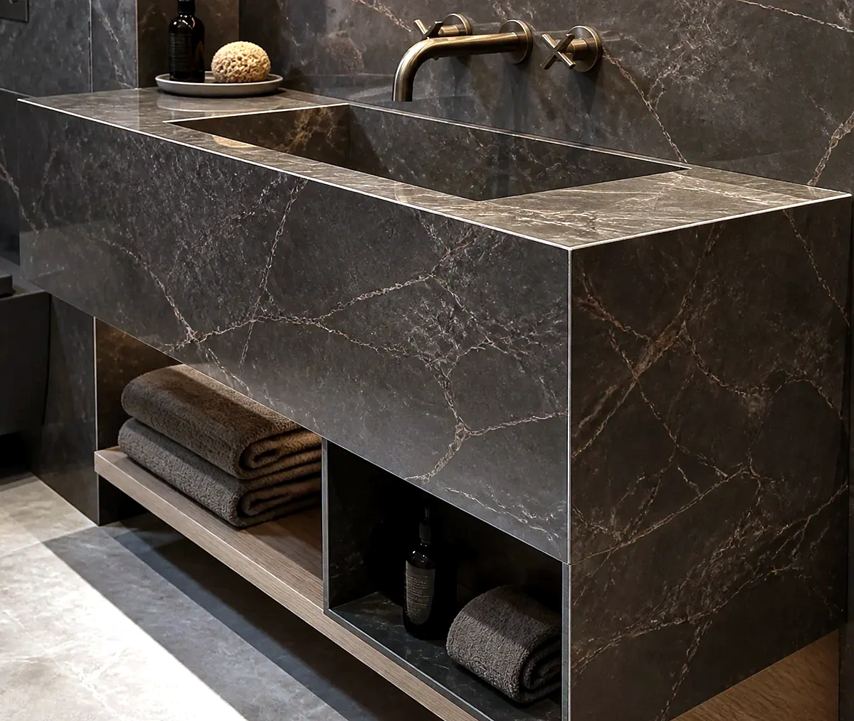 Dark mitred porcelain vanity with integrated basin and bronze wall-mounted taps