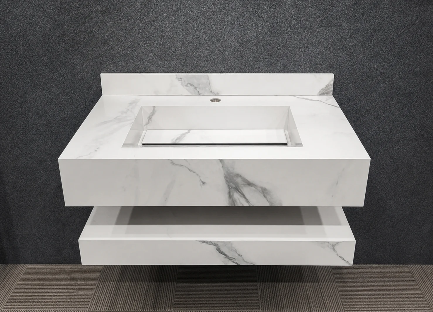 White porcelain floating sink with mitred apron and shelf detail