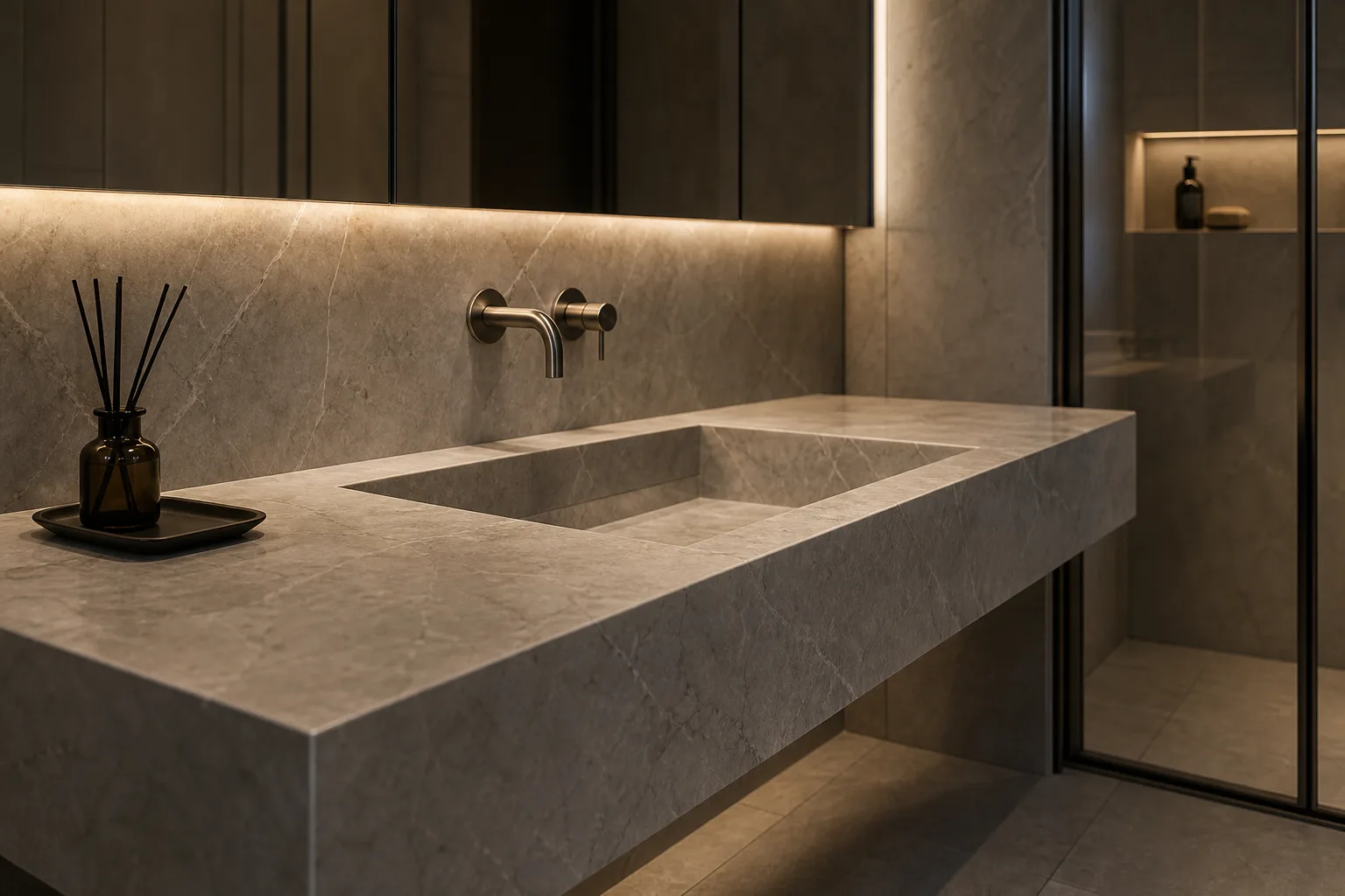Bespoke porcelain sink project with mitred basin and wall-mounted brassware