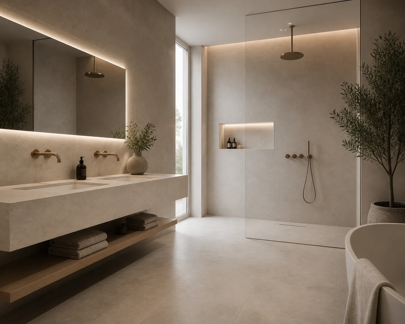 Soft greige porcelain bathroom project with seamless microcement-style surfaces