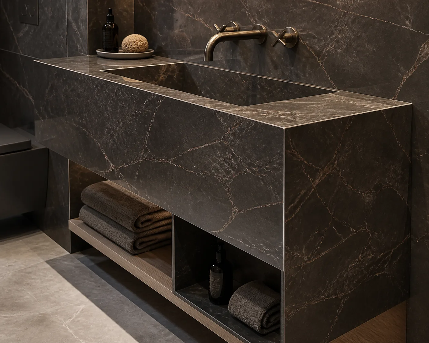Custom porcelain fabrication project with dark mitred vanity and precise edge returns