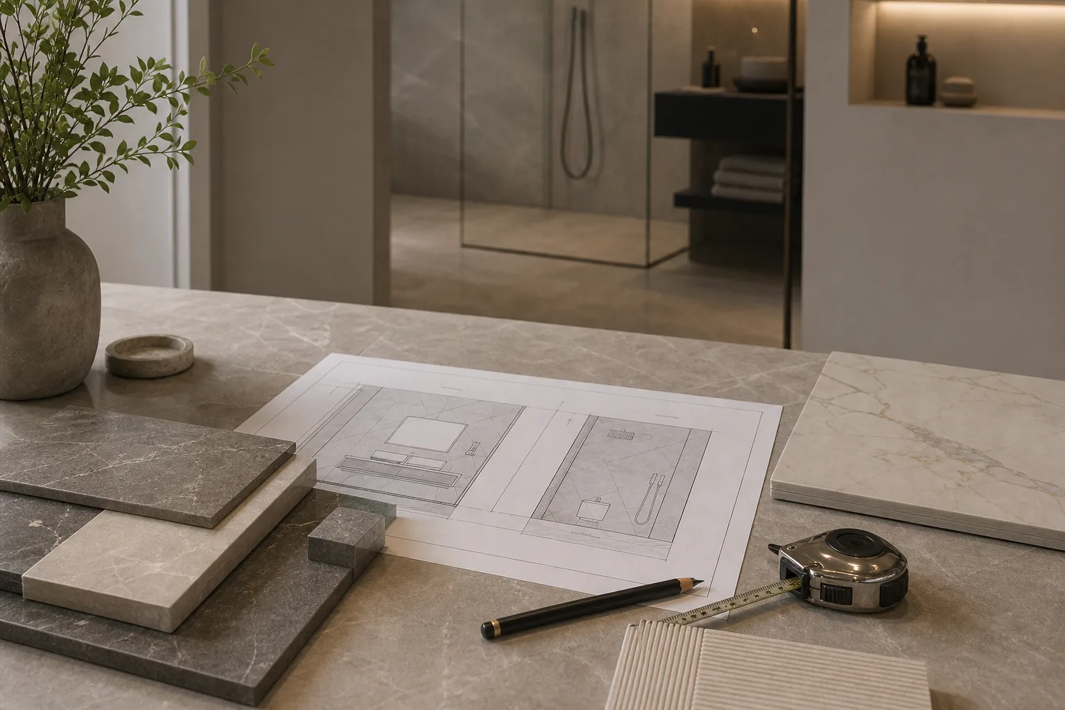 Porcelain project quote planning scene with drawings, samples and measuring tools
