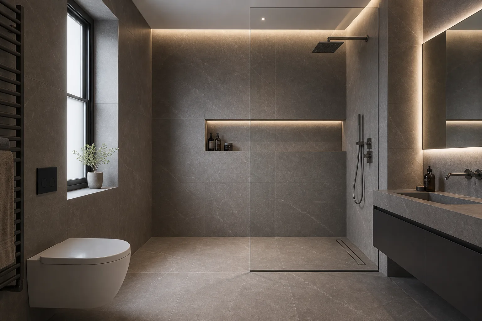 Graphite porcelain wet room project with large-format shower tiling and frameless glass