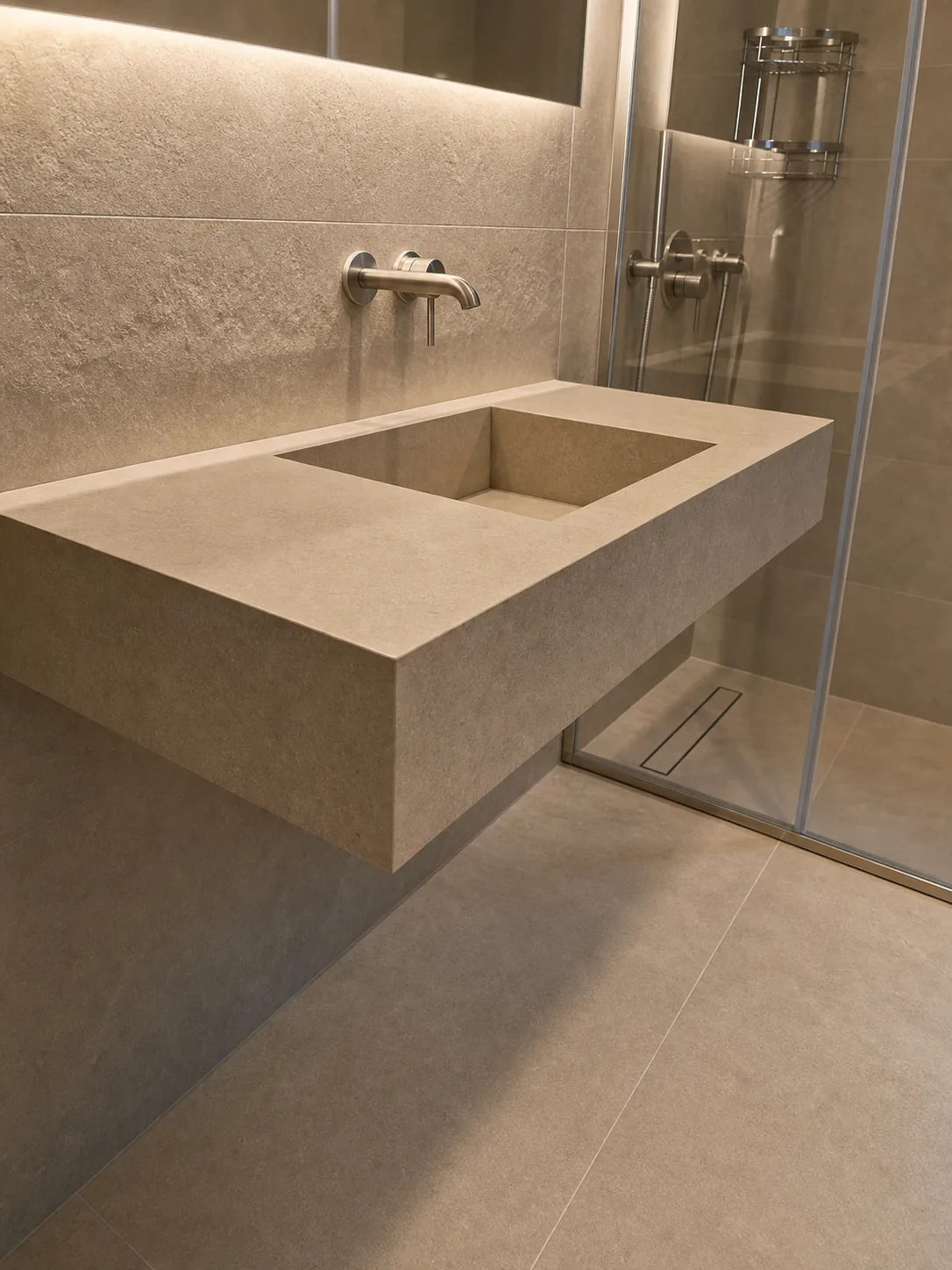 Beige porcelain vanity and shower area with mitred basin detail
