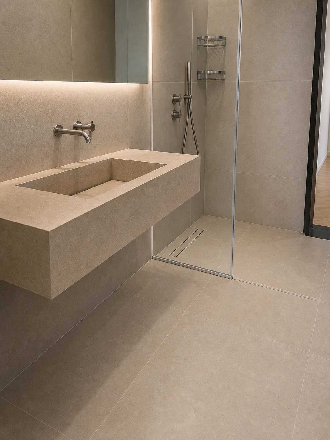 Porcelain bathroom detail showing vanity basin, floor tiling and adjacent shower drainage