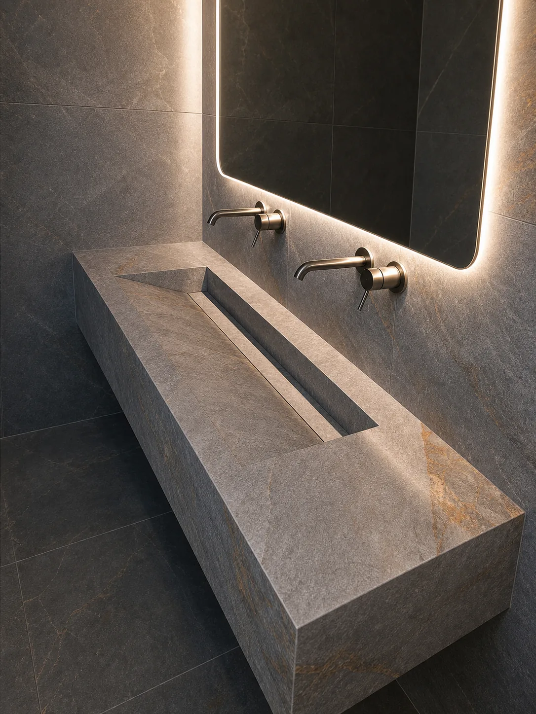 Grey porcelain linear vanity with wall-mounted brassware and integrated trough detail