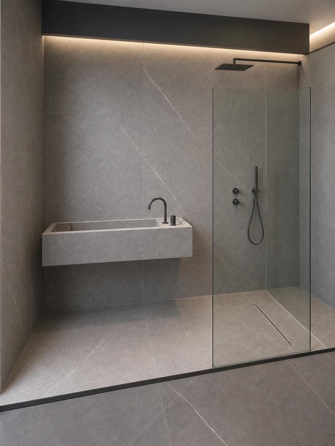 Grey porcelain wet room showing shower wall, glass screen and integrated basin