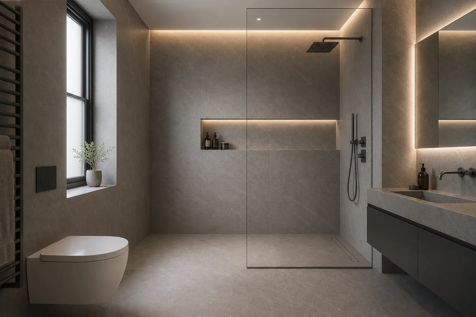 Large-format porcelain wet room with shower area and floating basin by Artiling Studio