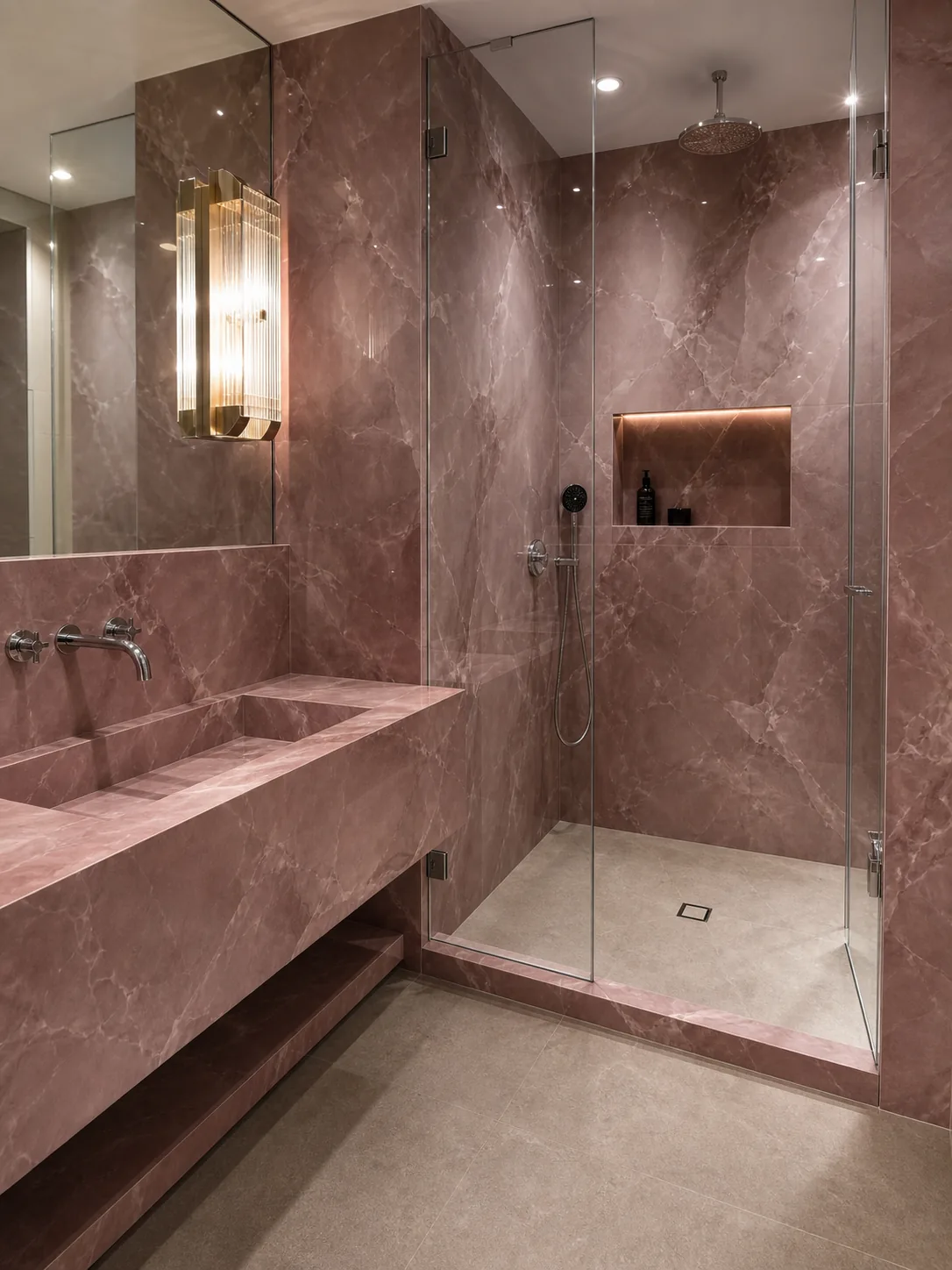 Luxury porcelain bathroom with matching shower wall, niche and fabricated sink