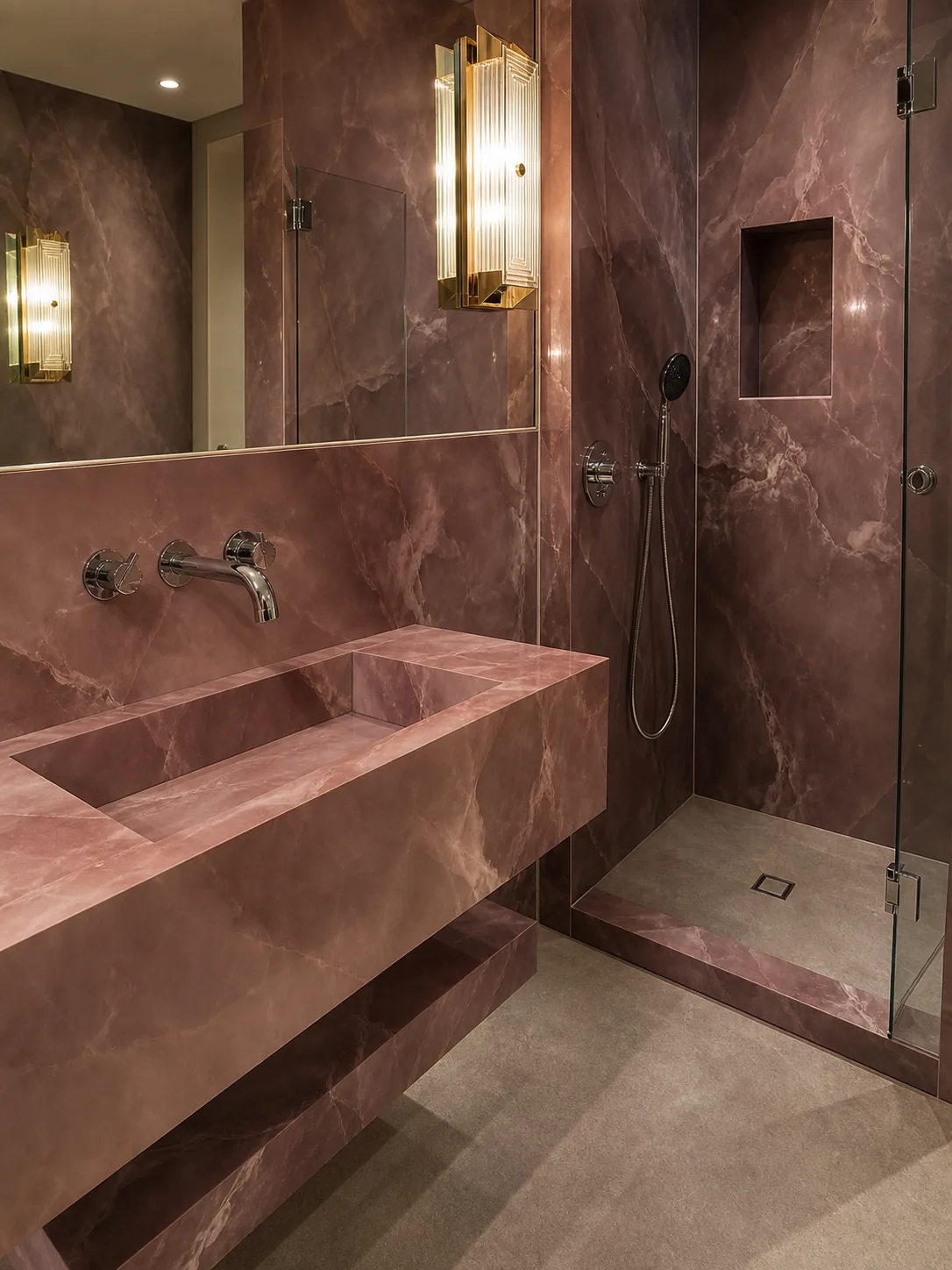 Rose porcelain bathroom with shower enclosure, niche and integrated sink