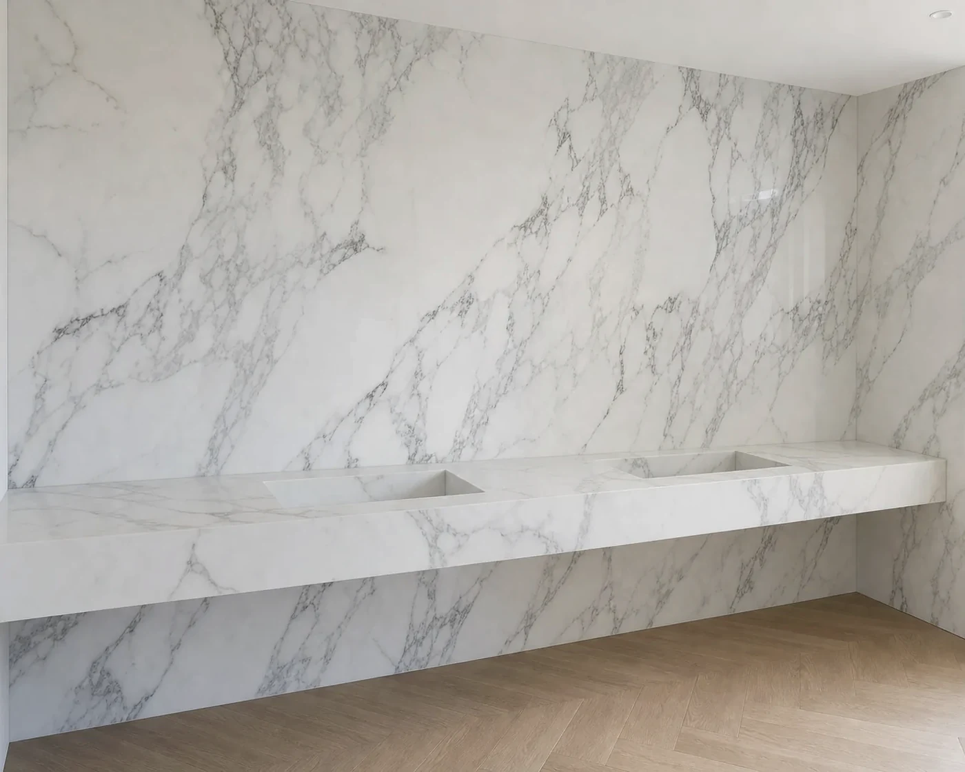 Large-format porcelain wall and double sink surface by Artiling Studio