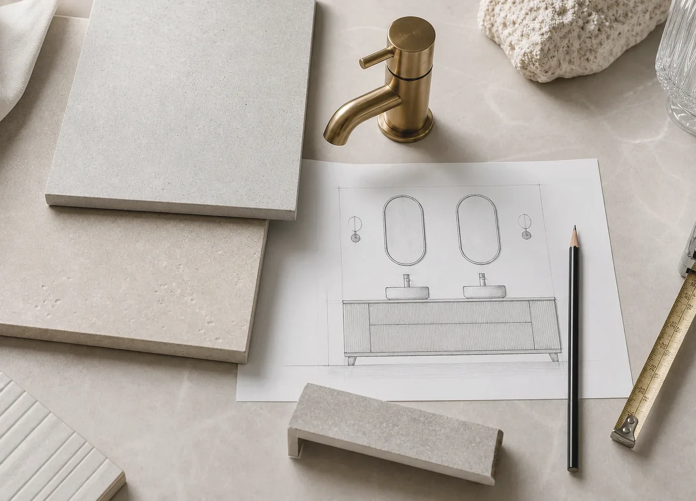Porcelain samples, bathroom drawing and measuring tools for an Artiling Studio project