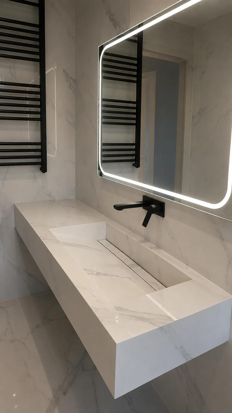 Completed long floating Calacatta-effect porcelain trough basin with a concealed linear drain