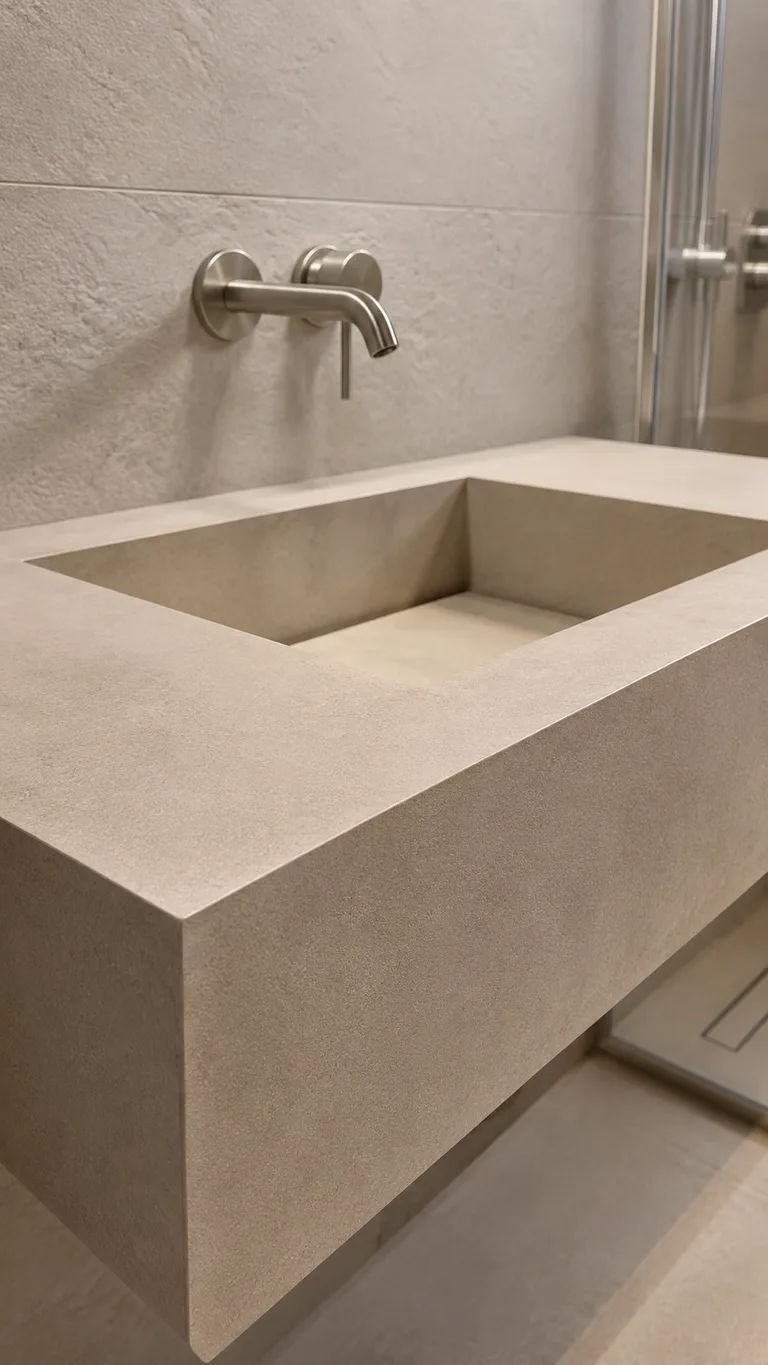 Floating made-to-measure bathroom basin in warm stone-effect porcelain