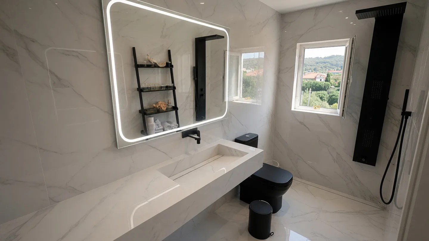 Completed floating porcelain trough basin with a concealed linear drain in a Calacatta-effect bathroom