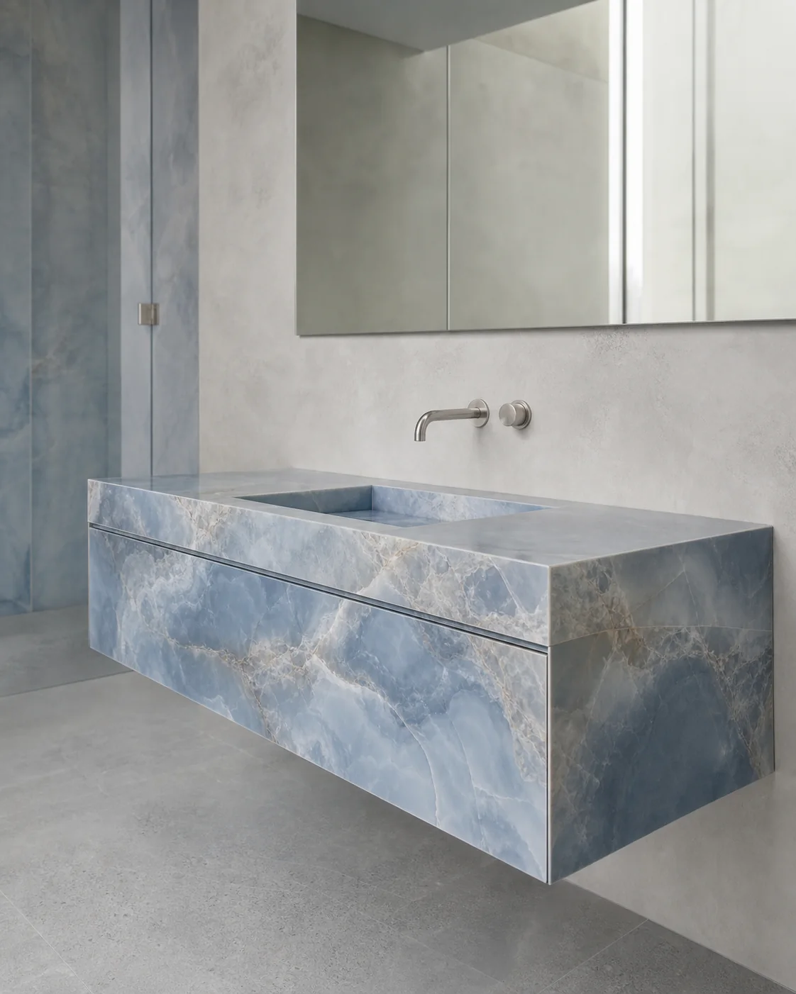 Studio material preview of a blue Onyx-effect porcelain basin