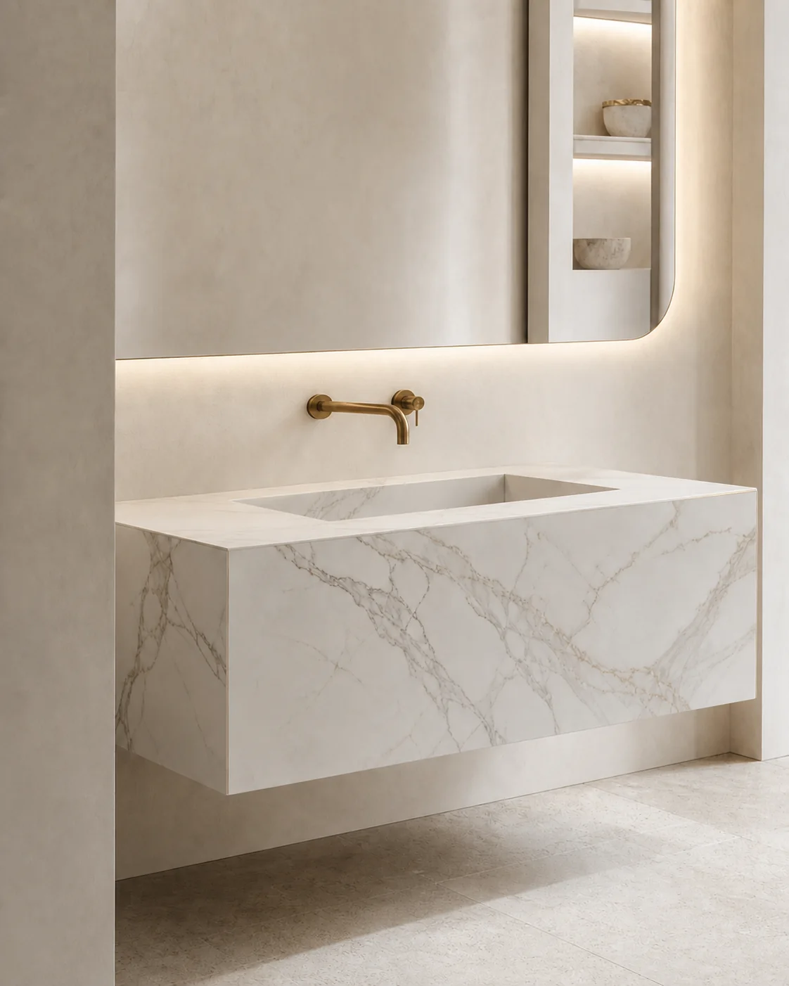 Studio material preview of a Calacatta-effect porcelain vanity basin