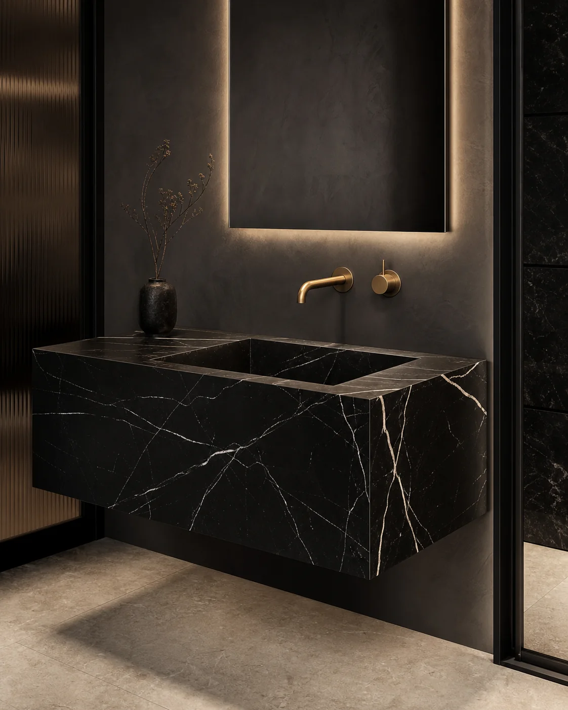 Studio material preview of a Nero Marquina-effect porcelain basin