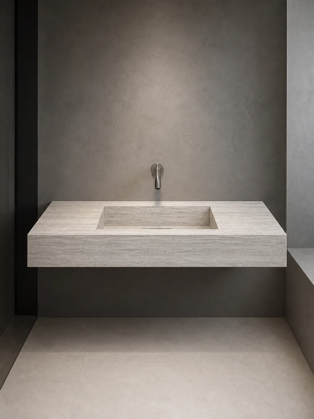 Studio preview of a compact wall-hung Silver Travertine porcelain sink