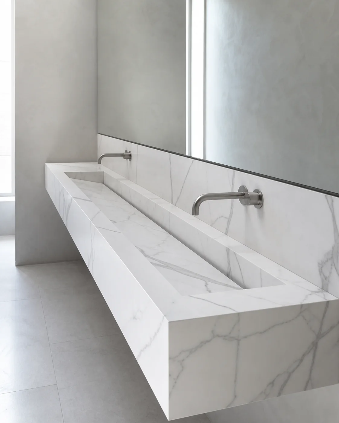 Studio preview of a long cantilevered Statuario porcelain trough sink