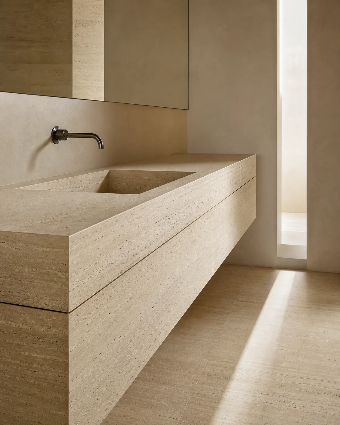 Studio preview of a travertine-effect porcelain vanity with integrated basin and drawer fronts