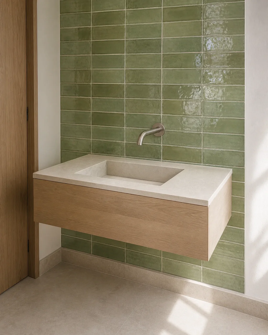 Studio preview of a compact wall-hung porcelain vanity basin with oak storage and a green tile splashback