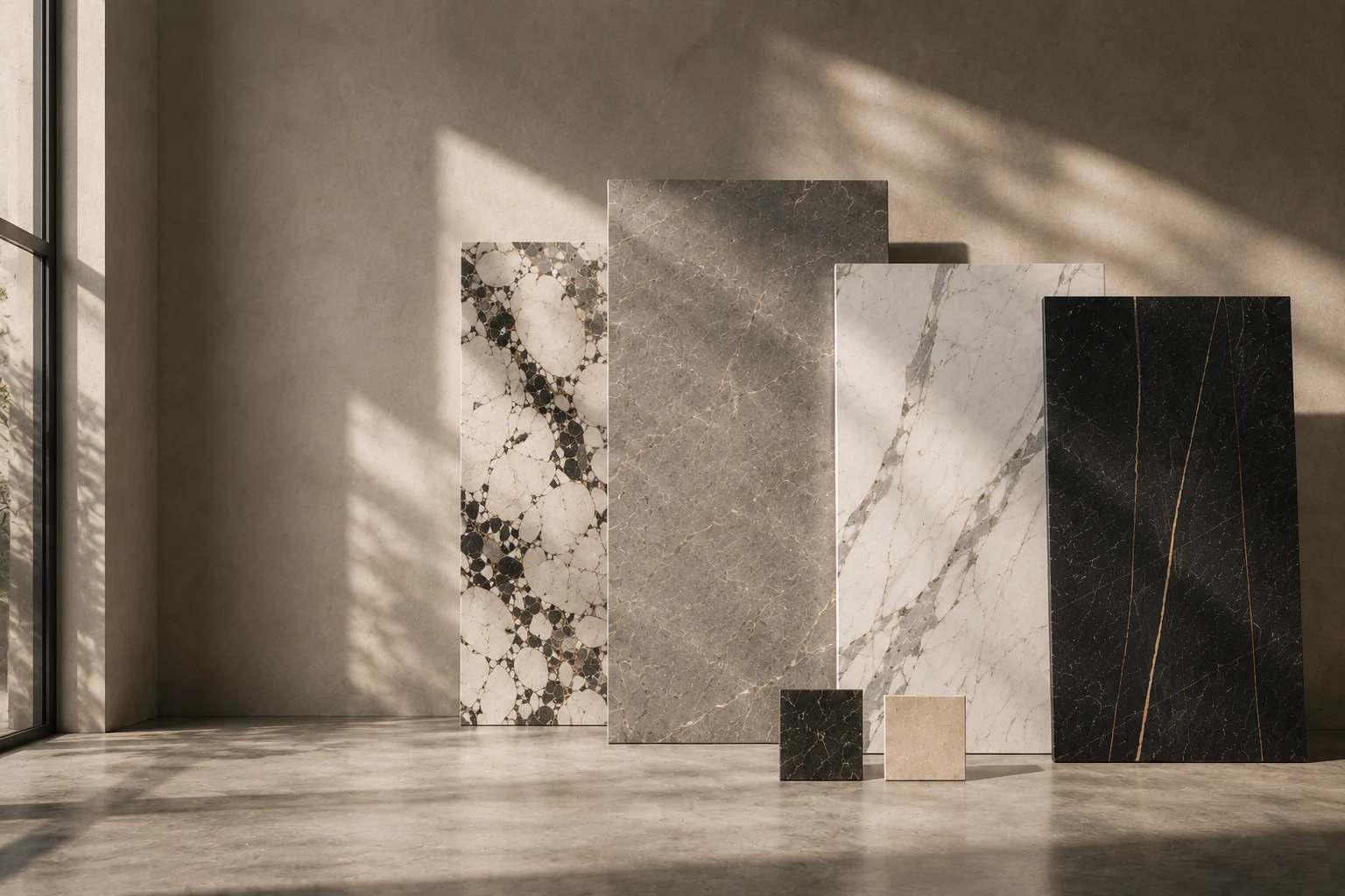 Porcelain and stone-effect tile slabs displayed in warm natural light