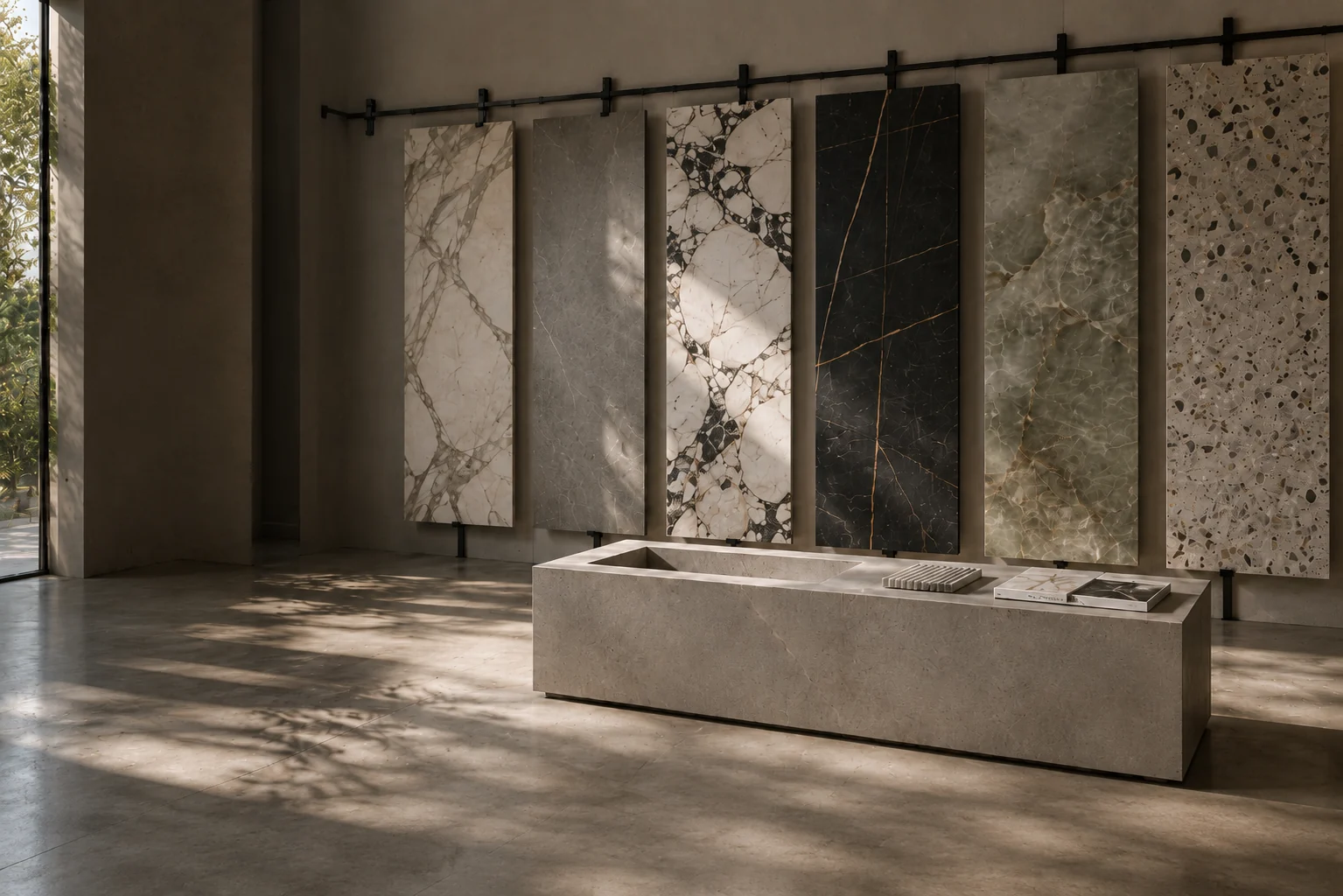 Porcelain and stone-effect tile slabs displayed above a bespoke stone basin in the Artiling Studio material library