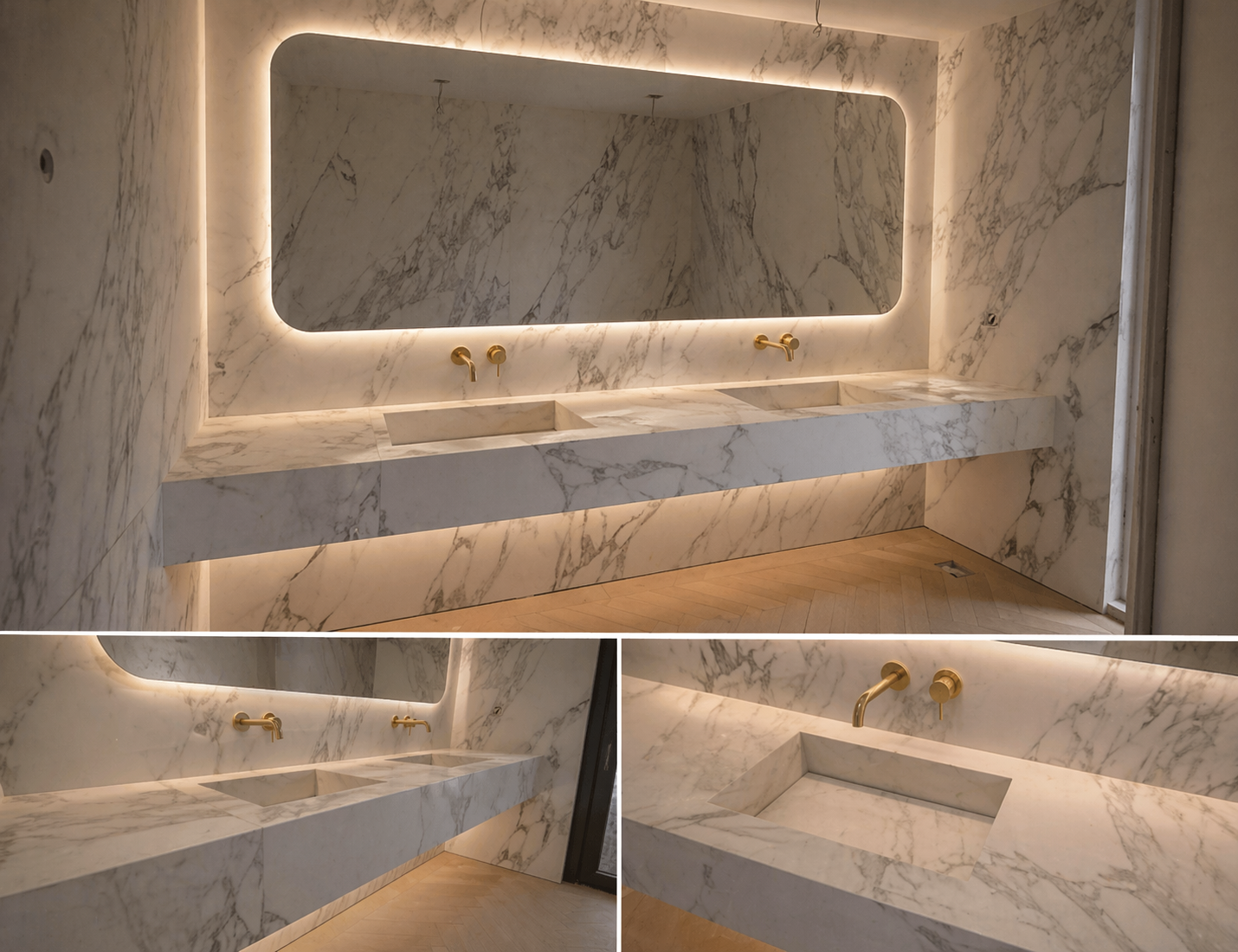 Combined views showing twin basins, porcelain surfaces and mirror lighting