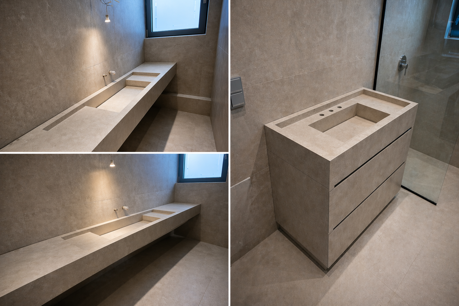 Beige floating vanity centred beneath the mirror with an integrated basin