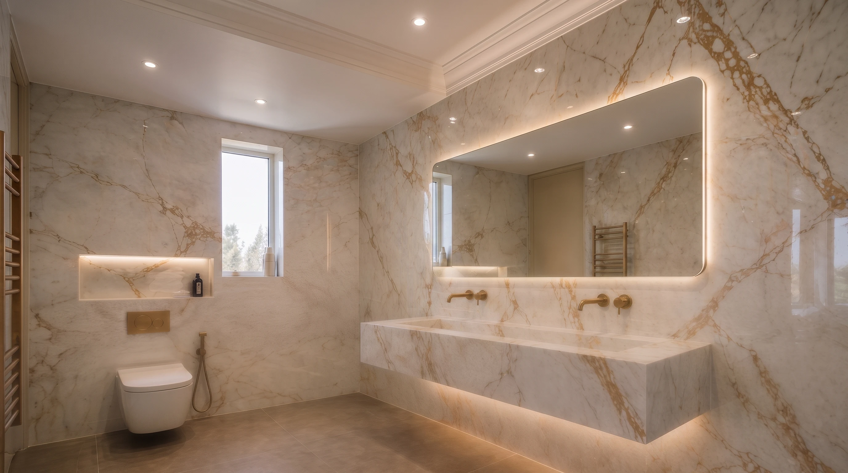 Completed Calacatta Gold-effect double porcelain basin with bronze wall-mounted taps and illuminated mirror